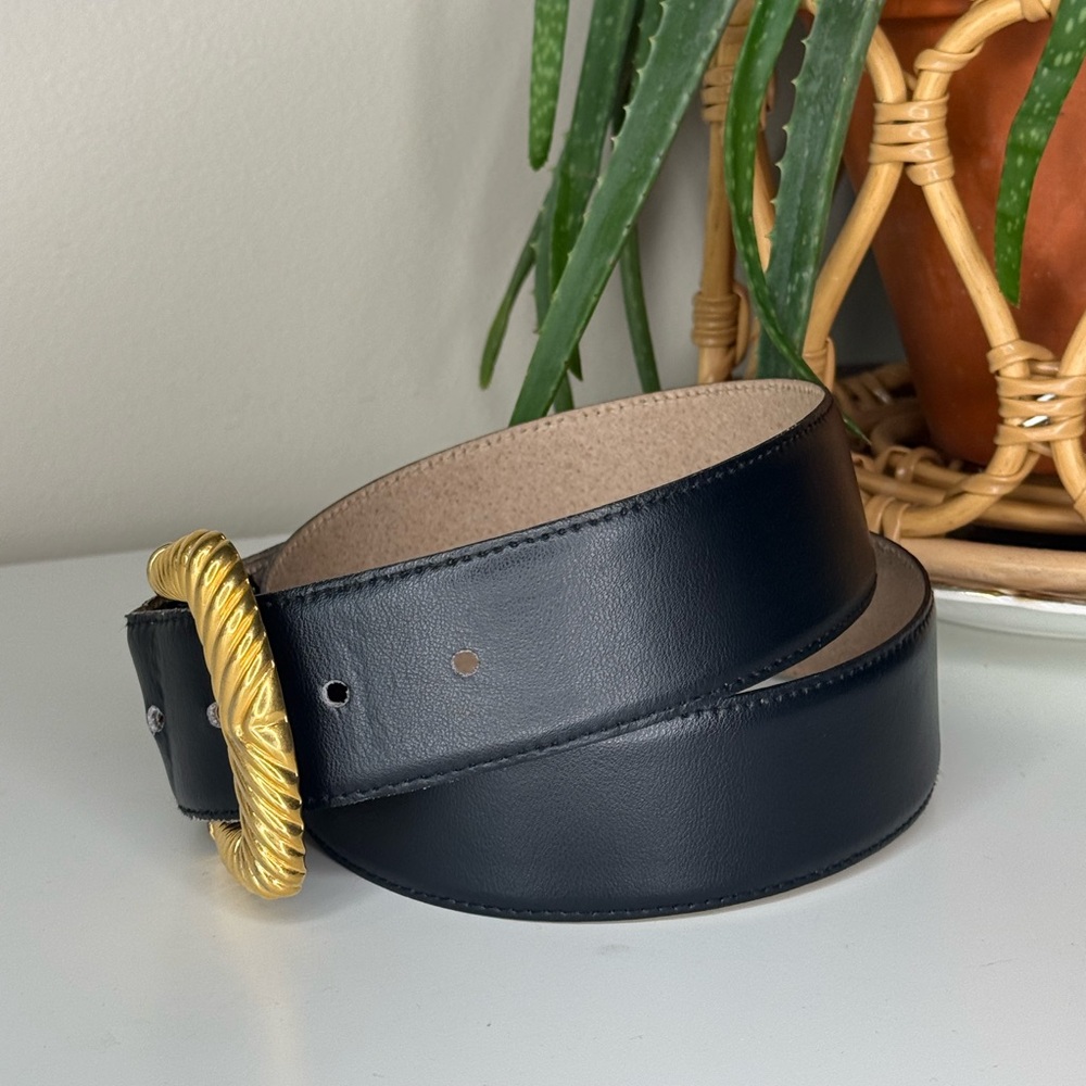 VTG Anne Klein II for Oroton Leather Belt Sculptural Gold Rope Buckle 80s Belt L - Picture 2 of 7